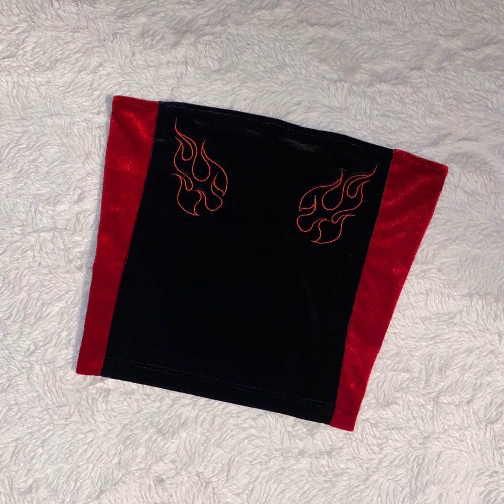 BLACK & RED VELVET FLAME BOOB TUBE TANK TOP